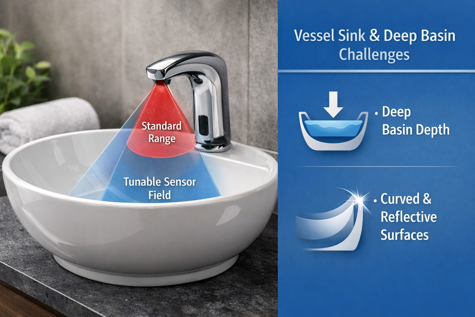 Vessel sink and deep basin geometry affecting touchless faucet sensor calibration